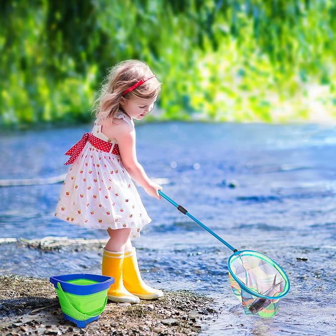 Kids Fishing Net, 2 Pack Telescopic Landing Nets with Aluminum Pole Handle, Collapsible Bucket Sand Pail, Butterfly Net, Fishing Net for Youth, Outdoor Playing
