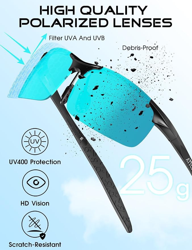 ATTCL 0.9 oz Polarized Sunglasses Men Sports: UV Protection Anti Glare Wrap Around Lightweight Metal Fishing Golf Running