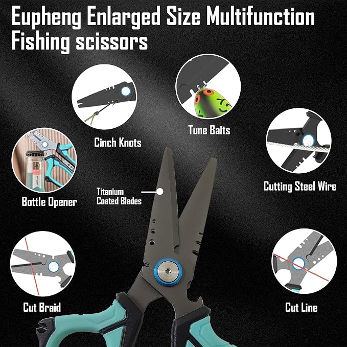 Eupheng 6.5" Pro Multifunction Fishing Scissors for Braided Line Mono Fluorocarbon wire lines,Dual Serrated Titanium Blades Non-Slip Grip Fishing Shears Enlarged Finger Holes with Bottle Opener