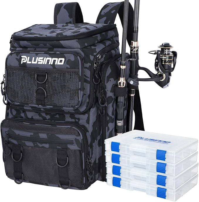 PLUSINNO Fishing Tackle Backpack with Rod Holders，42L Water-resistant Fishing Bag Store Fishing Gear,Fishing Gifts For Men.
