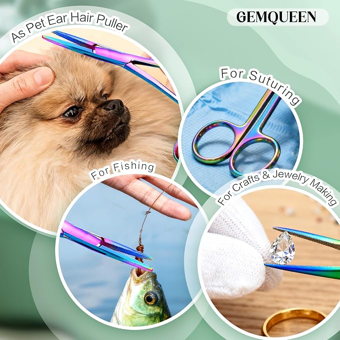 GEMQUEEN Piercing Curved and Straight Forceps for Changing Jewelry - 316L Surgical Stainless Steel Pliers Tool Set Colorful Locking Tweezers Clamps for Removal Earrings Lip Nose Rings 2 PCS