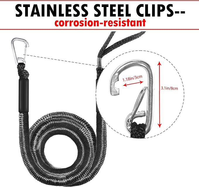 Boat Bungee Dock Lines – Adjustable Boat Tie Downs for Pontoon, Jet Ski, PWC, Kayak | Single Hook Small Cruiser Mooring Lines | (1, Black, 14 Feet)