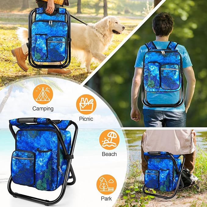 Kikerike Backpack Stool Cooler Chair Heavy Duty 300 LBS Max Load Portable Lightweight Stool Backpack Folding Fishing Cooler Seat for Camping Hunting Fishing - Ocean