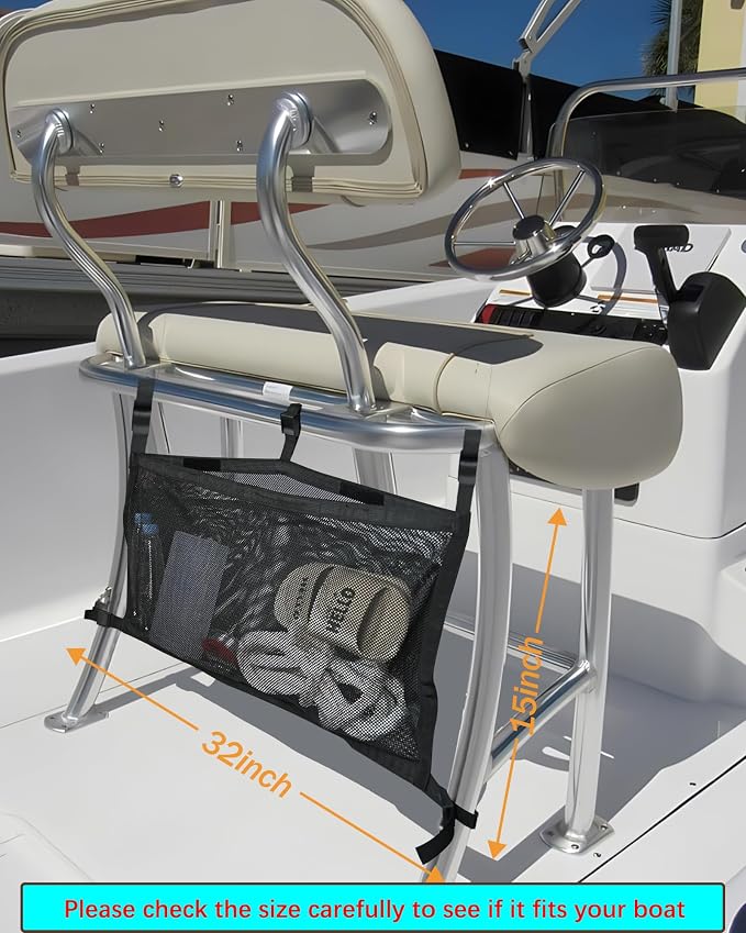 PLOZANO Boat Storage Bag with 3 Divisions, Adjustable Organizer, Mesh Tackle & Life Jacket Holder, Suspended Net for Leaning Post (32 INCH)