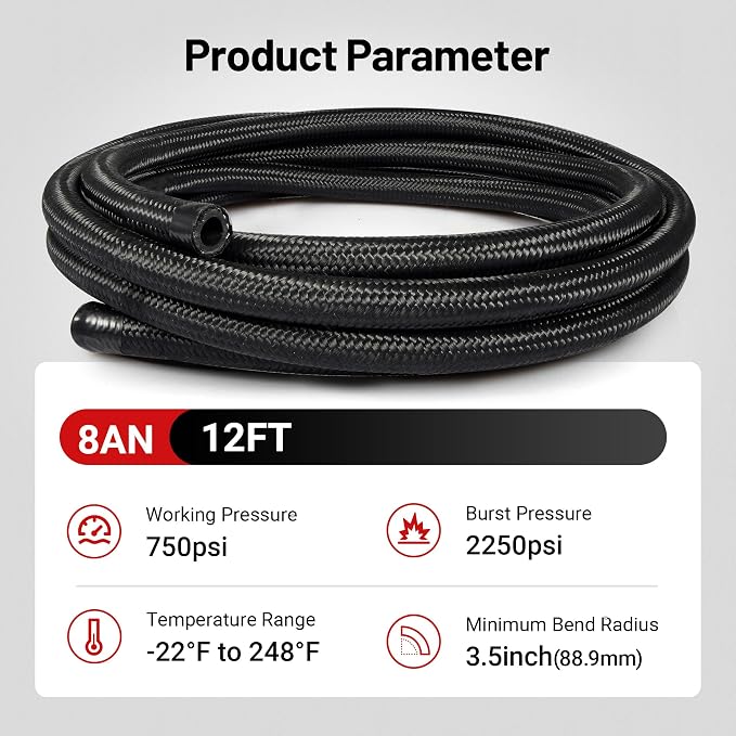 EVIL ENERGY 8AN Fuel Line Kit, 8AN Nylon Braided Fuel Line Hose Fitting Kit CPE 12FT Black