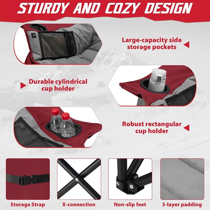 Youtanic Oversized Extra Large Heated Padded Camping Chair up to 500lbs, 3 Heat Levels Camp Chair with Carry Bag, Outdoor Heating Folding Chairs for Adults, Fishing, Sports, Picnic, Gray-Red