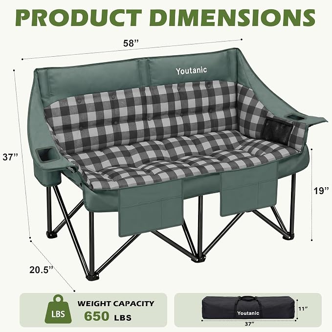 Youtanic Double Camping Chair, Heavy Duty 650lbs Padded Loveseat for Adults, Folding 2 Person Camp Couch with Cup Holder & Carry Bag, Wide Plaid Portable Lawn Seat for Outdoor Beach Sports, Gray