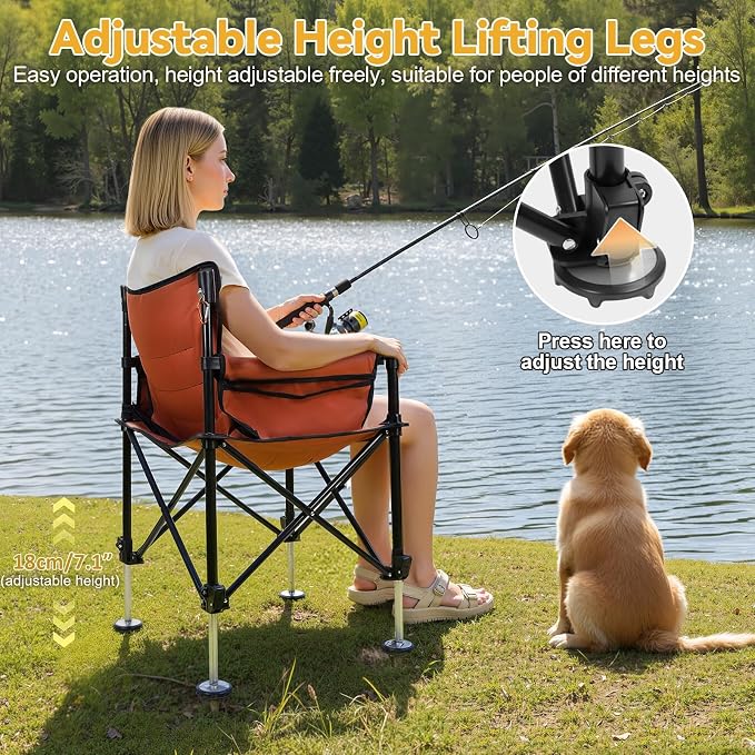Folding Portable Fishing Chair, 220lbs Capacity Outdoor Chair with Adjustable All-Terrain Legs, Non-Slip Feet, Dual Rod Holders & Storage Bag Orange
