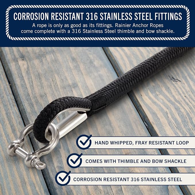 RainierSupplyCo Boat Anchor Rope - Double Braided Marine Rope Anchor Line - 50 ft x 1/4 Inch Nylon Boating Line with 316 Stainless Steel Thimble and Heavy Duty Marine Grade Bow Shackle - Black