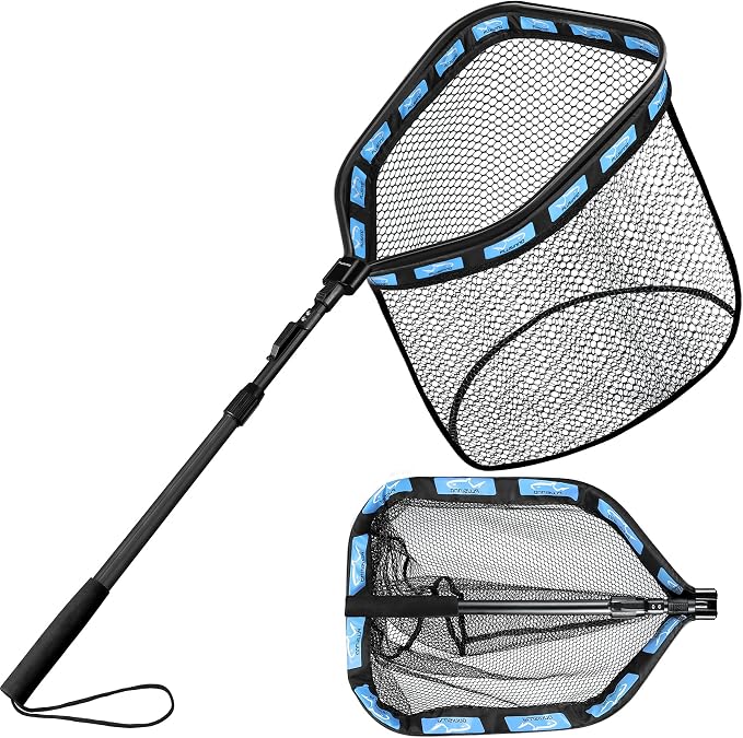 PLUSINNO Floating Fishing Net for Steelhead, Salmon, Fly, Kayak, Catfish, Bass, Trout Fishing, Rubber Coated Foldable Landing Net with Fixed or Telescoping Pole Handle, Fishing Gear and Gifts for Men