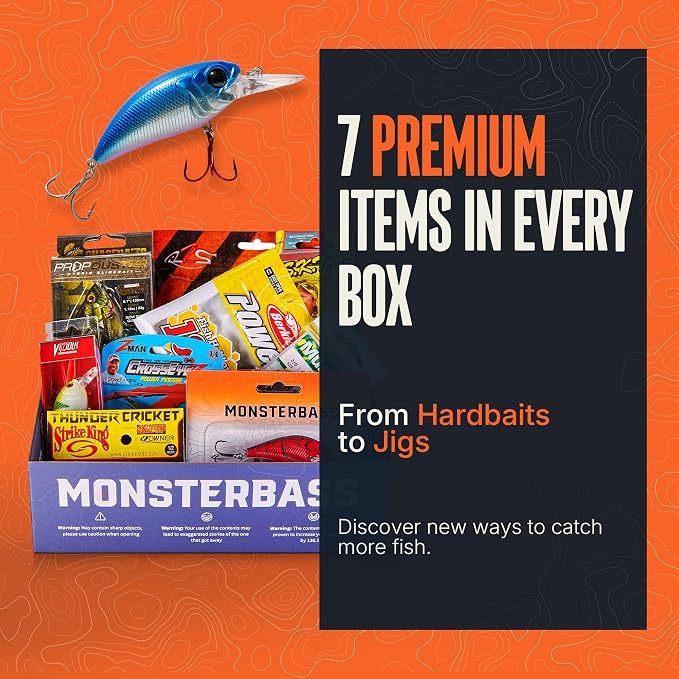 MONSTERBASS Mystery Fishing Tackle Box, Topwater Bass Fishing Lures Kit – 7 Premium Topwater Lures for Freshwater Anglers, Including Frog, Popper, Buzzbait, and More