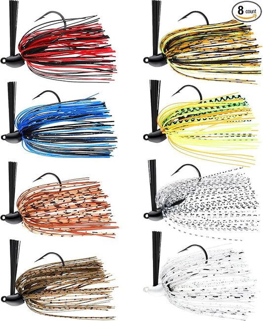 Sumind 8 Pcs Bass Fishing Jigs Bass Weedless Football Jig Metal Football Head Kit Swim Silicone Skirts Weed Guard Flipping Lures, Colorful, 10 G/ 3/8 oz