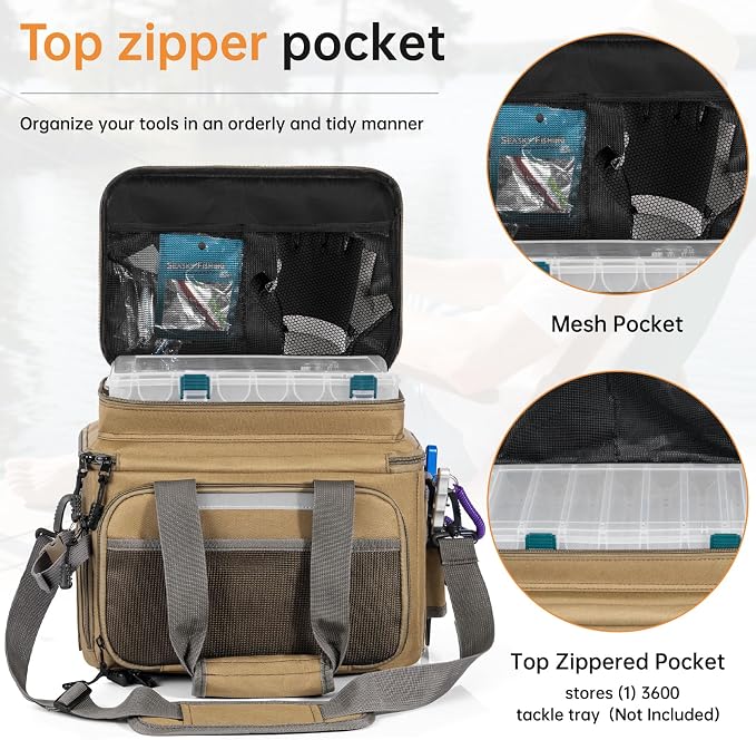 Fishing Tackle Bag - Holds 3400-3600 Size Tackle Boxes -Saltwater & Freshwater Fishing Bags - Padded Shoulder Strap Fishing Bags (Kahki) (Bag Only)