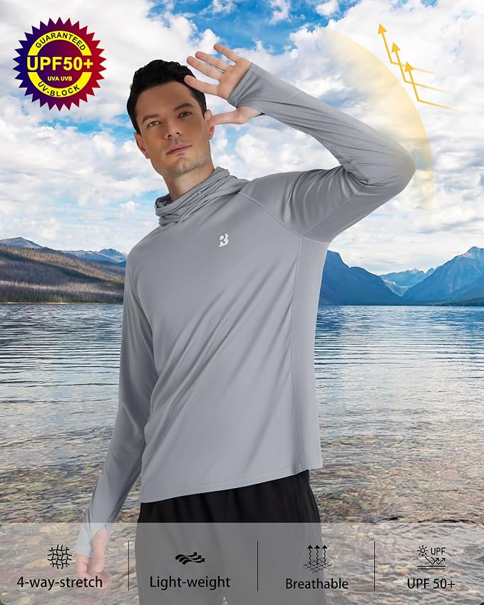 Roadbox Men's UPF 50+ Hooded Fishing Shirts Long Sleeve Sun Protection Hoodie, Hiking Running Swimming Rash Guard with Mask