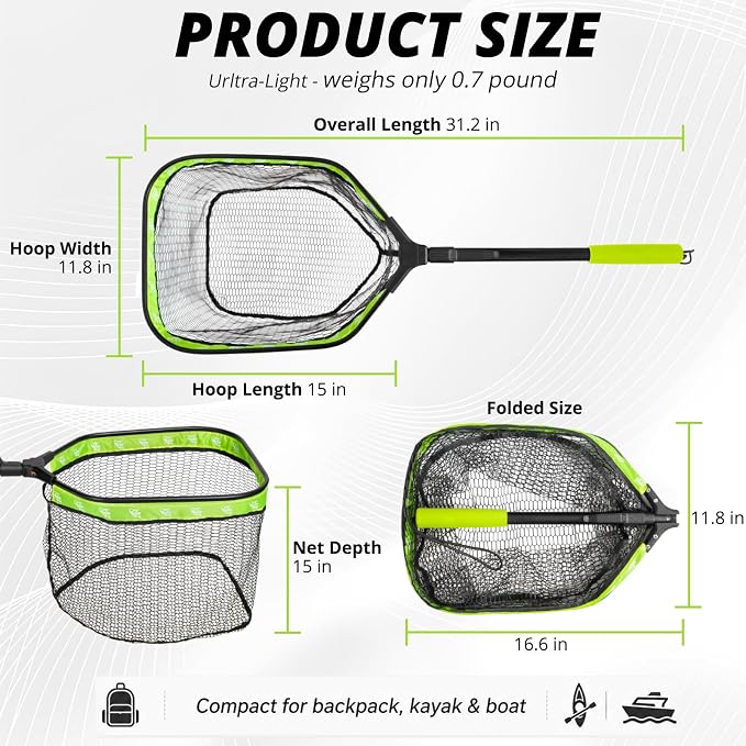 Floating Fishing Net, Collapsible Landing Net, Fish Net with Rubber Coated Polyethylene Netting for Bass, Trout, Fly Fishing, Kayak & Boat Fishing
