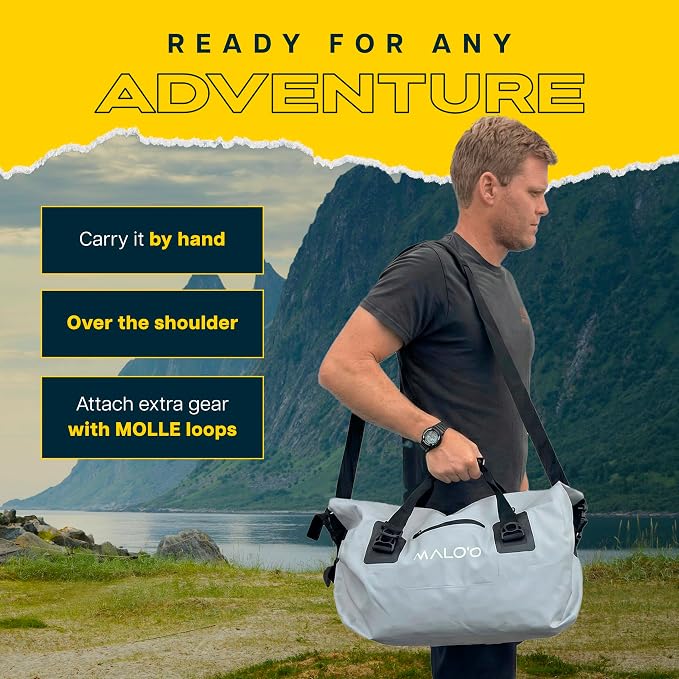 Malo’o Waterproof Dry Duffel, Heavy-Duty Roll Top Waterproof Gear Bag with Shoulder Strap & Molle Loops, Marine Duffel for Kayaking, Boating, Camping, Beach & Travel, Grey, 40L