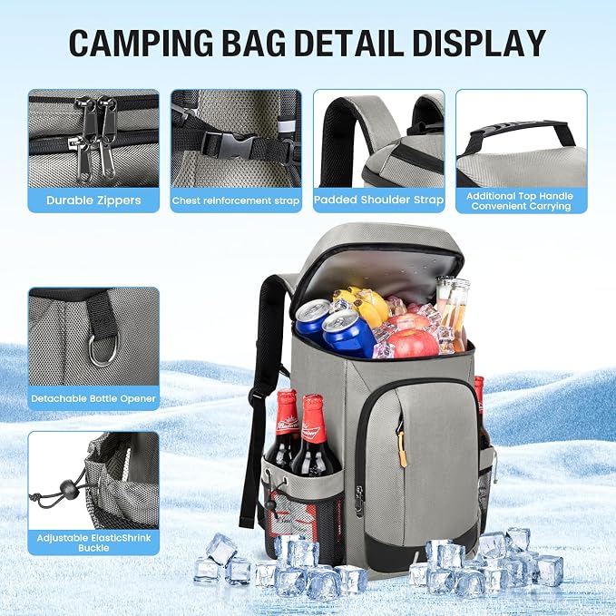 Cooler Backpack- 40 Cans Insulated Backpack Cooler for Men & Women Portable Leak Proof Lunch Backpack Cooler Bag for Beach Picnic Travel Work Camping Hiking-Grey