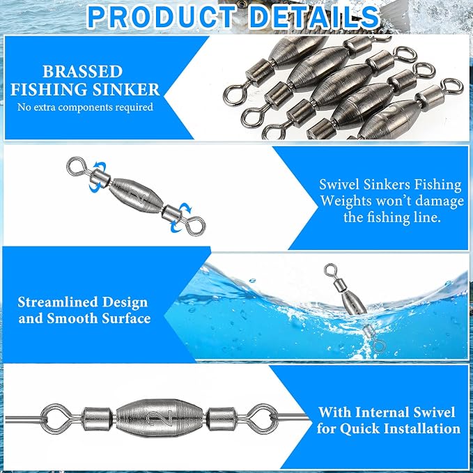 Seenelling 20 Pcs Brass Fishing Sinker Swivel Fishing Weights Saltwater Bullet Sinkers Drop Shot Weight Egg Sinkers with Swivel Rolling Removable Freshwater