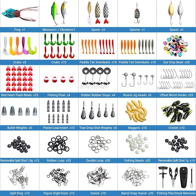315PCS Portable Fishing Lures Tackle Box with Pliers & Hook Remover, 3-Tier Compact Organizer, Crankbaits/Swivels/Soft Baits, All-in-One Gear for Freshwater Saltwater