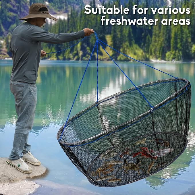 QualyQualy Foldable Fishing Net, Landing Fishing Pier Nets 31"/40" Hoop, Drop Net for Pulling Up Fish with Rope, Portable Bridge Fishing Net for Minnows, Crawfish, Shrimp