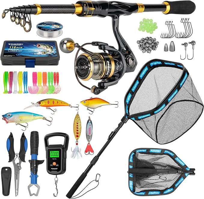 THKFISH Telescoping Fishing Rod and Reel Combo with Backpack, Carbon Fiber Travel Fishing Pole Spinning Reel Kit with Fishing Lures, Fishing Tools Kit for Men