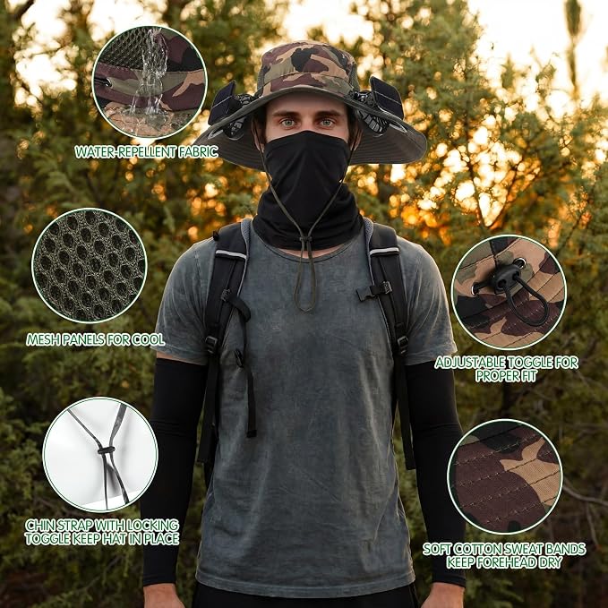 Syhood Solar Powered Fan Hat Neck Gaiter Arm Sleeves Sun Bucket Hat with Fan Cooling Wide Brim Hats for Fishing Hiking