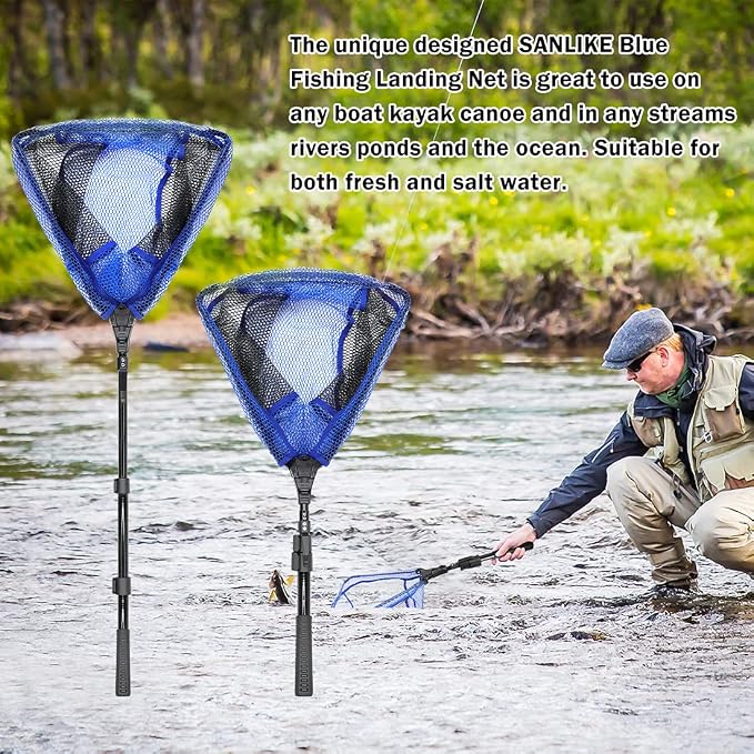 SANLIKE Fishing Net Folding Landing Net with Extra Long Telescoping Pole Handle, 37-98.4inch Rubber Coated Fishing Net for Easy Catch Release, Fish Net for Kids and Adults, 98.4"/ 71"/ 50.4"/ 43"/ 37"