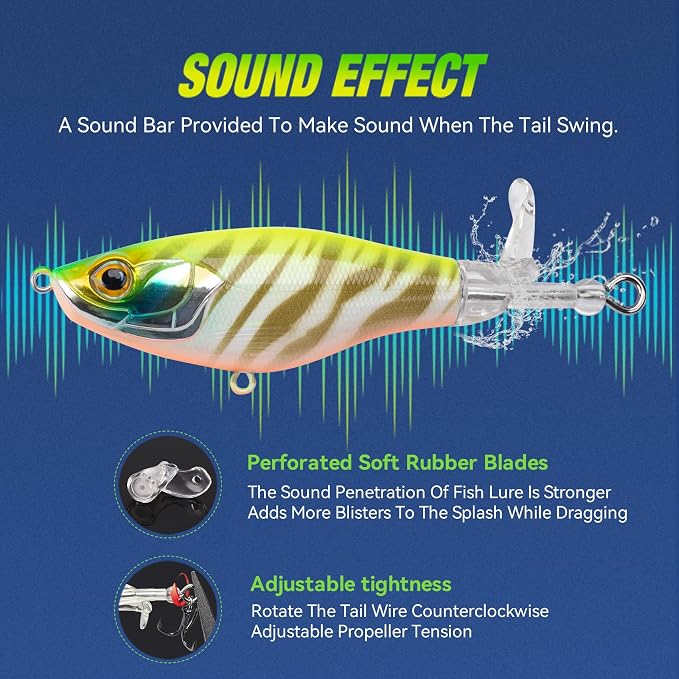 KINGDOM 3PCS Topwater Fishing Lures for Bass Whopper Popper Fishing Lure for Bass Catfish Pike Perch Floating Pencil Bait with Propeller Tail Freshwater/Saltwater