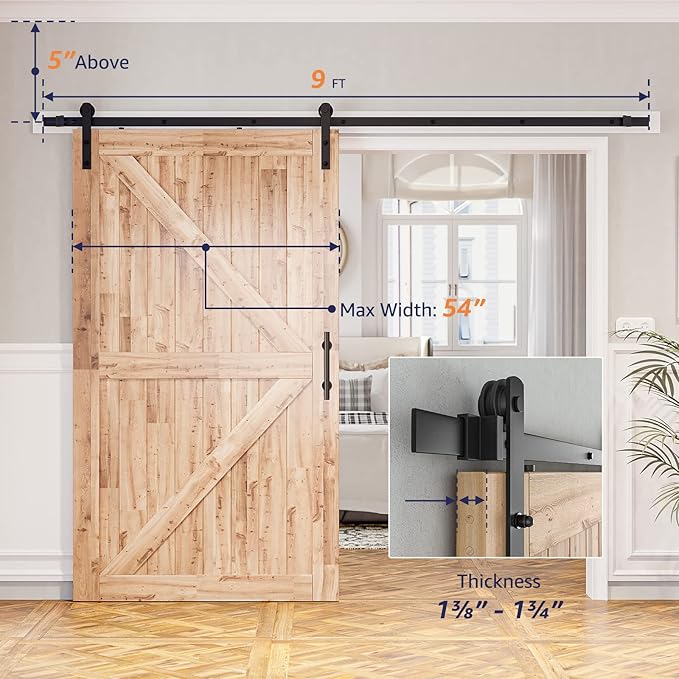 SMARTSTANDARD 9ft Barn Door Hardware kit, Barn Door Track, Sliding Door Hardware kit, Smoothly and Quietly -Heavy Duty Sturdy -Easy to Install, Fit 54" Wide Door Panel (I Shape Hanger)