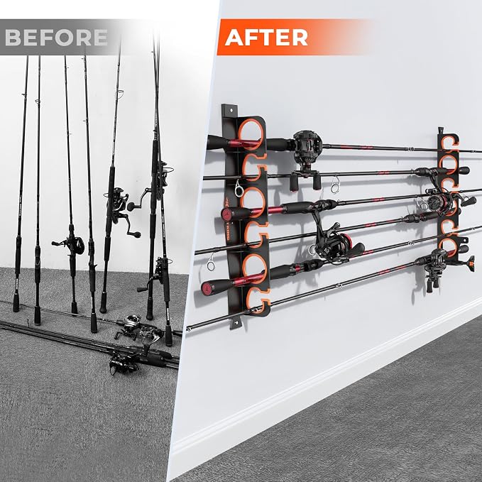 KastKing SafeGuard LS Horizontal Fishing Rod Rack with Line Spooler – Wall or Ceiling Mount, Holds 6 Rods & Combos in 18", No-Twist Fishing Rod Holder with Spooler & Cutter (Spinning & Baitcasting)