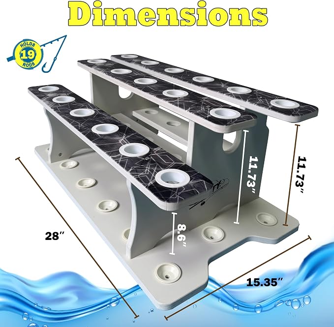 Rush Creek Creations Reel Salty 19-Rod Marine Grade Fishing Pole Holder with Tri-Level Design, UV-Resistant, 100% Waterproof Fishing Rod Holder for Garage and Dock, Blue/White