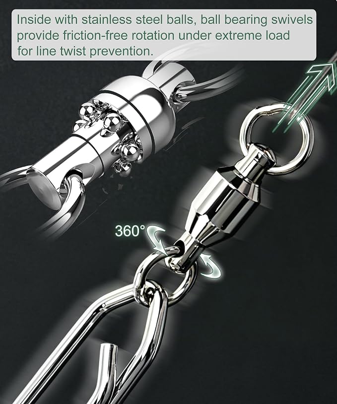 Ball Bearing Swivel with Speed Clips Snap Kit 22pcs - Heavy Duty Stainless Steel Polished Silver Fishing Swivels Snaps Sizes 0#- 4#, 44LB-99LB Saltwater Freshwater Fishing Lure Quick Clips