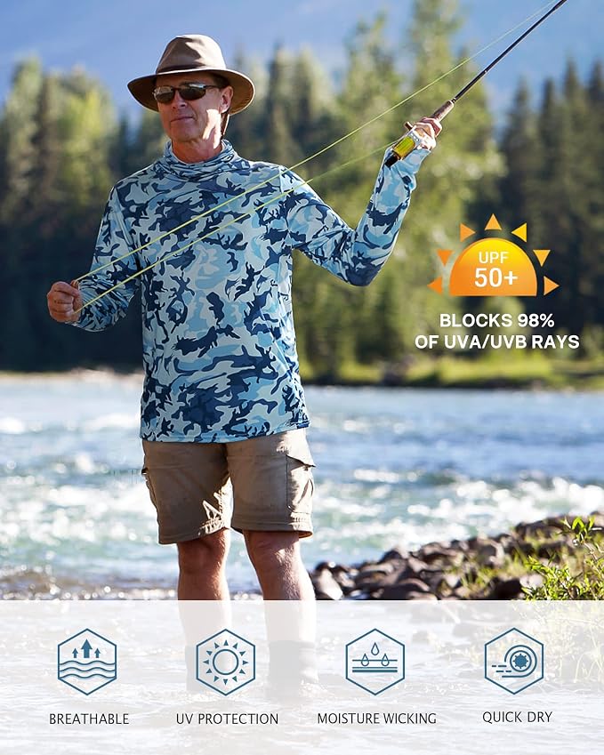 FISHEAL Men's Performance Fishing Hoodie Shirt - UPF 50+ Sun Protection Long Sleeve Thumbholes Shirts with Neck Gaiter