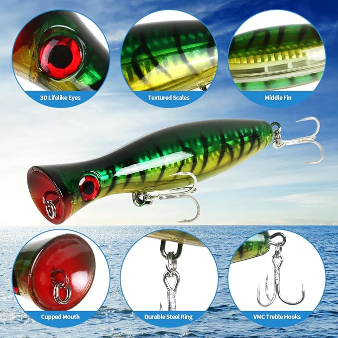 Large Top Water Popper Lure: 2pcs 3D Eyes Tuna Popper Saltwater Fishing Lures for Surf Fishing Gt Tuna Kingfish Large Predator Fish