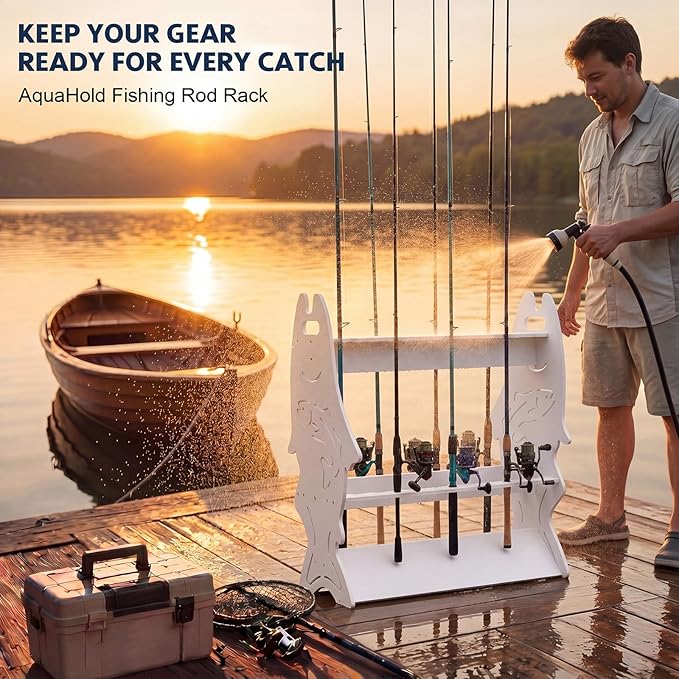 Fishing Rod Rack for 24 Rods, 3 Tier Detachable Design Fishing Pole Holder, Waterproof Outdoor Marlin Rods Organizer for Garage, Boat Dock, Tackle Shop & Boathouse, Gifts for Fishermen, Father's Day
