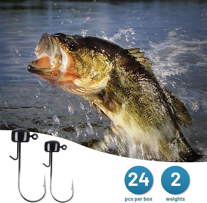 MadBite by KastKing Ned Rig Jig Heads for Soft Fishing Lures, 24-Pack Finesse Standard Mushroom Stand-up Ned Heads Kit, Needle Point Saltwater & Freshwater Versatility Ned Rig Hooks 1/8, 1/16, 3/16 oz