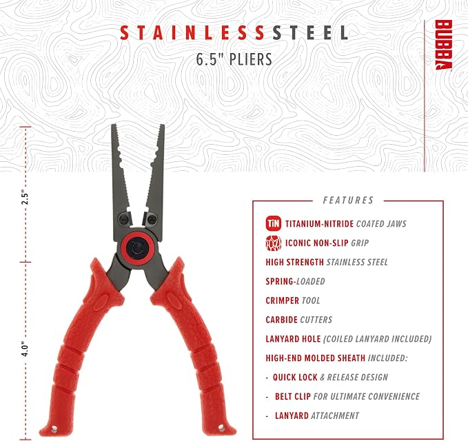 BUBBA 6.5" Stainless Steel Pliers with Non-Slip Handle, Spring Loaded with Crimping Tools and Anvil Cutters Lanyard Hole and Sheath