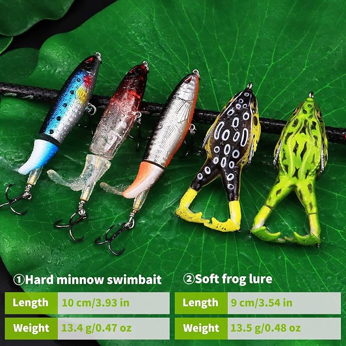 Topwater Bass Fishing Lure Kit, Plopping Propeller Tail Bigger Splash Whopping, Soft Plastic Frog Bait 3D Eyes Lifelike Body Pattern, for Bass Snakehead Musky Pike Walleye, 5 pcs…