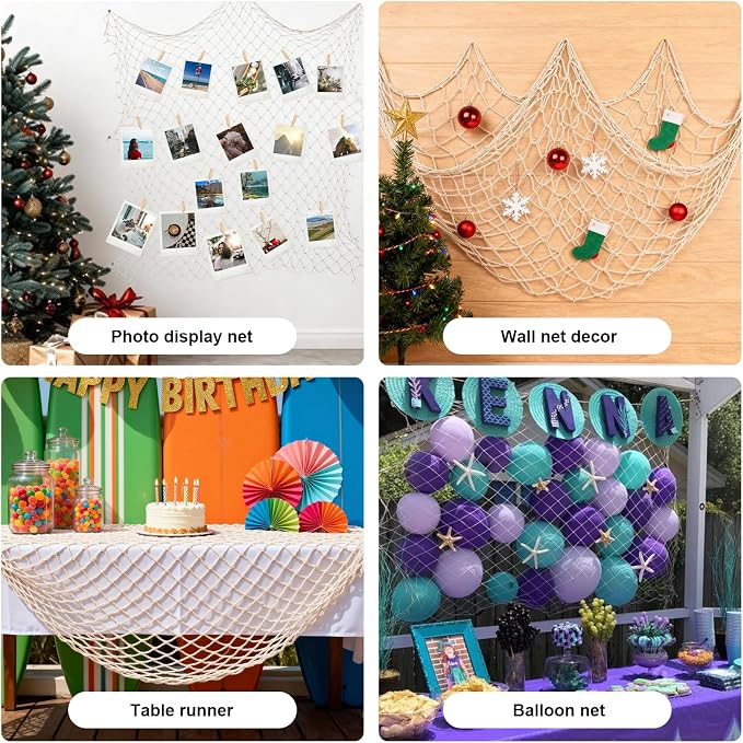 10x5 Feet X-Large Fishing Net Decor for Party - 2 Pack Beige Fish Net Decorations Beach Hawaiian Pirate Under The Sea Party Decorations, 3mm Cotton Fishnet Ocean Nautical Themed Wall Table Decor