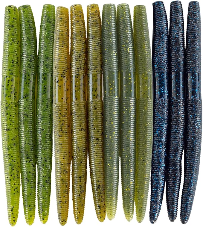 Senko Bait Soft Plastic Lures 5" Senkos 24 Pcs/100pcs for Wacky Rig Freshwater Fishing Green Pumpkin senko with Black Flake Pink Watermelon Double Color