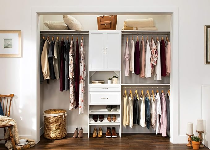 ClosetMaid SuiteSymphony Wood Closet Organizer Starter Kit with Tower and 3 Hang Rods, Shelves, Adjustable, Fits Spaces 5 – 10 ft. Wide, Pure White