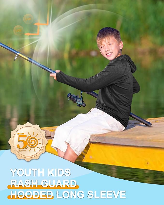 Roadbox Boys Rash Guard Hooded Fishing Shirt, Kids UPF 50+ Long Sleeve Sun Hoodie, Youth UV Protection Beach Swim Shirts