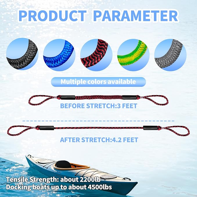 3FT Boat Dock Line Shock Absorbing Mooring Bungee Dock Lines for Boats Accessories Ideal for SeaDoo, Kayak, Pontoon, Power Boat 2PCS(Red&Black, 3FT-Single Clips)