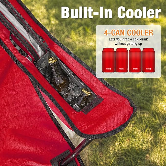Romswi Portable Camping Chairs Support 400 LBS, Heavy Duty Folding Outdoor Chairs, Folding Chair with 4-Can Cooler Bag for Camping, Fishing, Garden, 2-Pack, Red