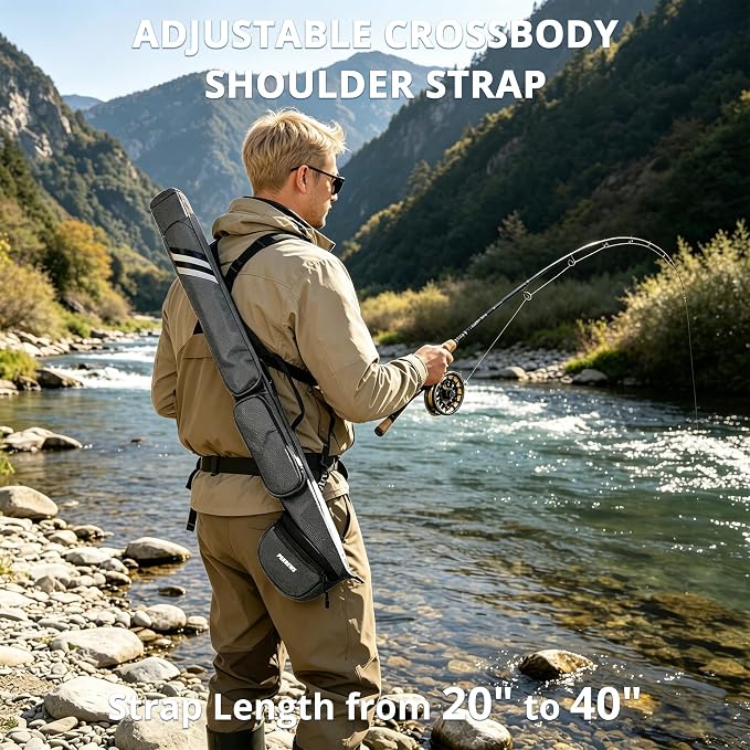 PEKREWS Fly Rod Case, 30.5" Fishing Rod Bag Fit 9' 4-Piece Fly Rod and Reel with 2 Side Pockets, Padded Reel Pouch, Shoulder Strap, Portable Travel Fly Rod Tube, Fishing Pole Holder For Angler, Grey