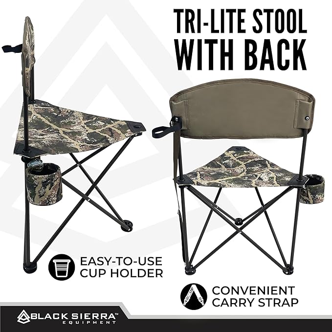 Black Sierra Tri-Lite Folding Stool with Backrest & Cup Holder, Lightweight Portable Hunting Fishing Chair with Carry Strap, Collapsible Outdoor Tripod Seat Supports 225 lbs