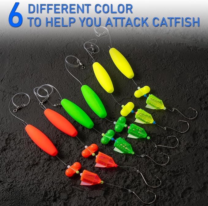 3Pcs/6Pcs Catfish Fishing Rigs Ready Kit，2 in 1 Rotating rattles/Double Rattles Beads, Float Rigs Tackle Santee Rig Peg Catfish，Free Adjustment in freshwter and Saltwater