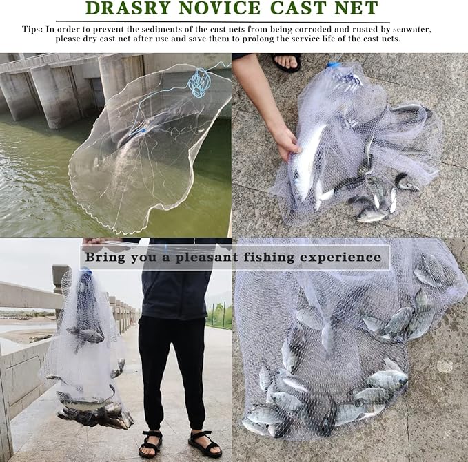 Drasry Saltwater American Fishing Cast Net 3/8inch Mesh Size for Bait Shrimp Trap Fish Heavy Duty Sinkers Throw Net 3FT/4FT/5FT/6FT/7FT/8FT/9FT/10FT Radius