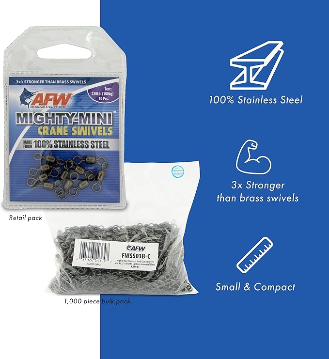 AFW American Fishing Wire Fishing Swivels - Mighty Mini 100% Stainless Steel Crane Swivels, 3X Stronger Than Brass, for Terminal Tackle Box, Up to 600lb Test - Fishing Gear for Fishing Line Leaders