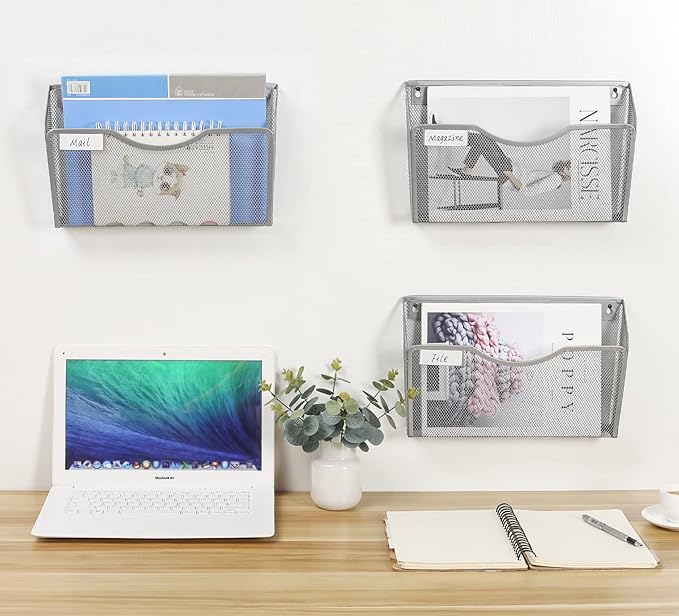 EasyPAG 3 Pack Wall File Organizer with Label Panel, Mesh Hanging File Folder Organizer for Letter/A4 Size Folders, Wall Mounted Vertical Mail Holder for Paperwork, Office, Home, School, Silver